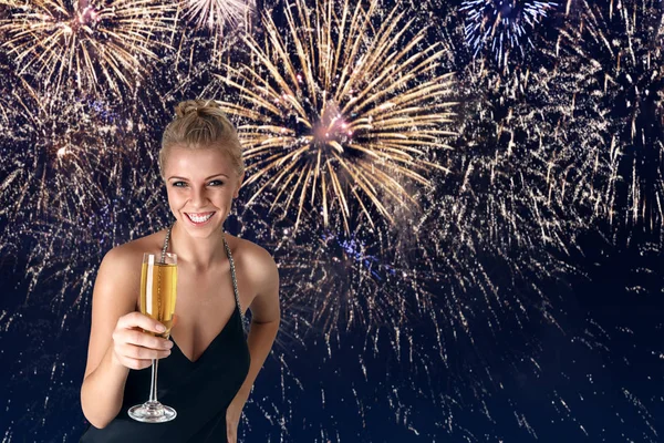 Young Woman Celebrating Party Glass Champagne Her Hands Front Fireworks — Stock Photo, Image