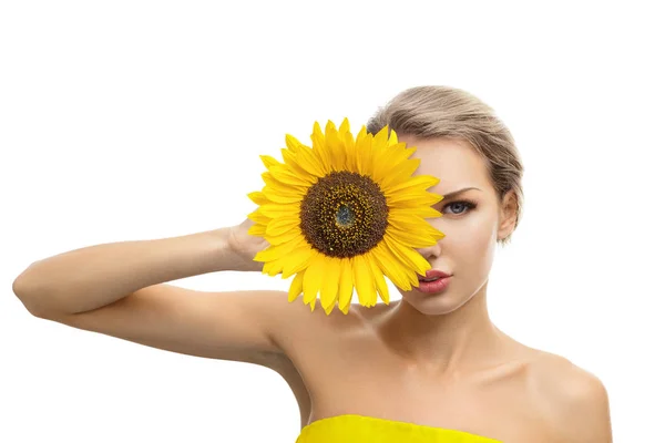 Beautiful Young Woman Sunflower Her Hands Isolated White Background — Stock Photo, Image