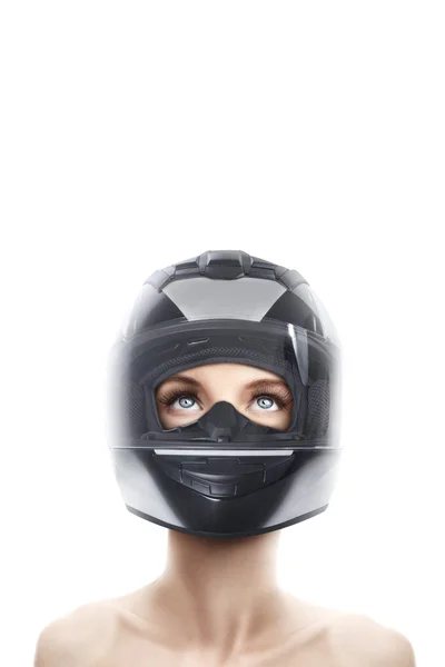 Portrait Young Beautiful Woman Motorcycle Helmet Isolated White Background Copy — Stock Photo, Image