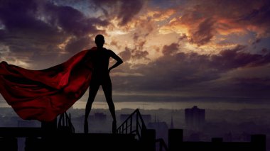 Portrait of young hero woman with super person red cape guard city clipart