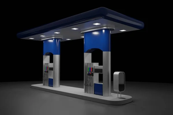Abstrakcja 3D Render stacji benzynowej odizolowanej na czarnym tle — Zdjęcie stockowe
