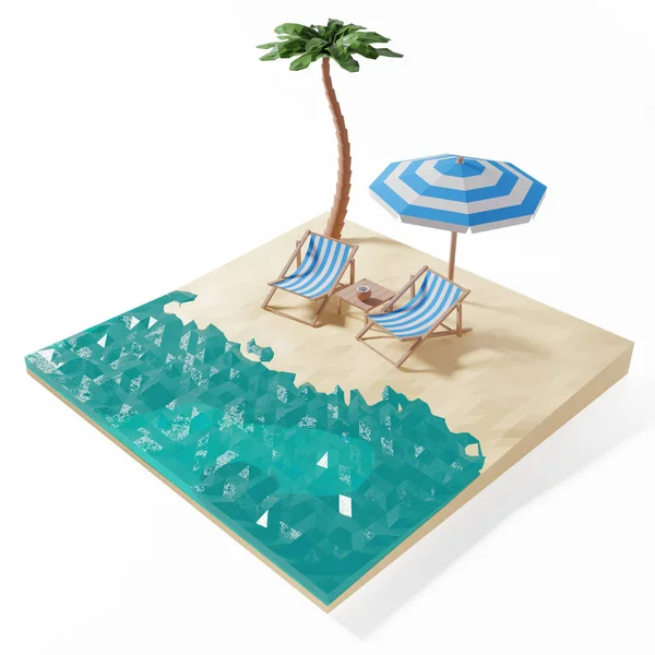 의자와 우산 바다 해변의 3D 렌더링 — 스톡 사진