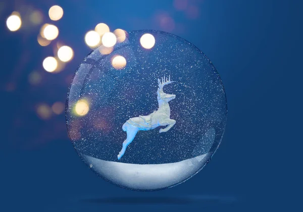Deer Snowy Snow Globe Blue Background — Stock Photo, Image