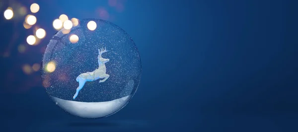 Rendering Deer Snowy Snow Globe Blue Background Wide Design — Stock Photo, Image