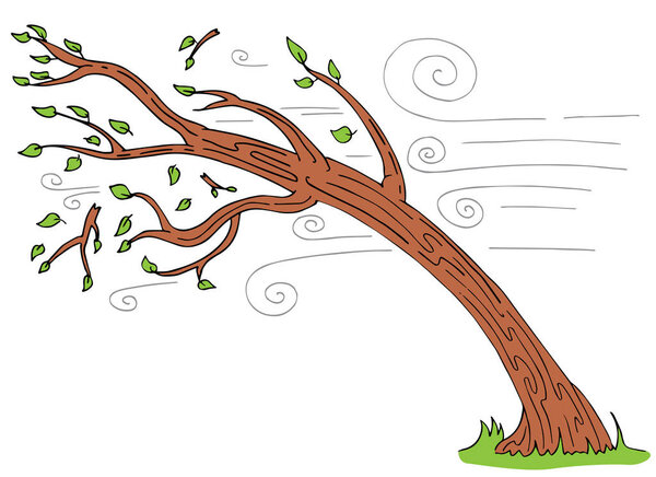 An image of a Windy Day Tree Bending Broken Branches cartoon.
