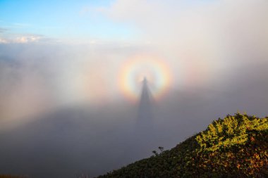 Optik illüzyon Brocken Spectre sabah sis ve mavi gökyüzünde en yüksek dağlar arasında çayırda. Güzel sonbahar arka plan.