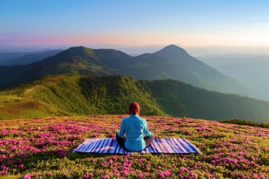 Ormangülü çiçek arasında'nın bahçesinde yoga-kız poz renkli halının üstünde oturuyor. Meditasyon. Sis dağlarda, yatay. Güzel yaz sahne.