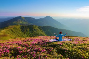 Renkli karemat. Yoga-kız lotus poz. Ormangülü çiçek ile çim. Yüksek dağlar. Sihirli orman. Meditasyon. Sakin ol. Yaz sahne. Sıcak güneşin ışınları.
