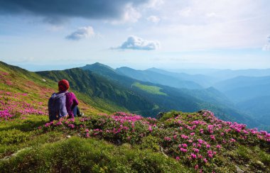 Manzara yüksek dağlarla. Gökyüzü bulutlu. Orman yolu. Orman gülleri çimenlerin üzerine olan arka torba kız oturuyor. Eko turizm. Güzel yaz günü.