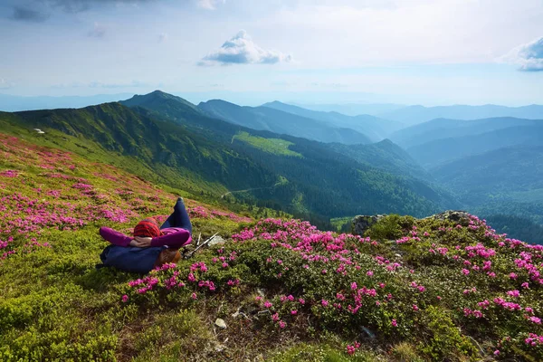 风景与高山 天空与云彩 森林路 在杜鹃的草坪上 女孩正在铺设 生态旅游 迷人的夏日 — 图库照片