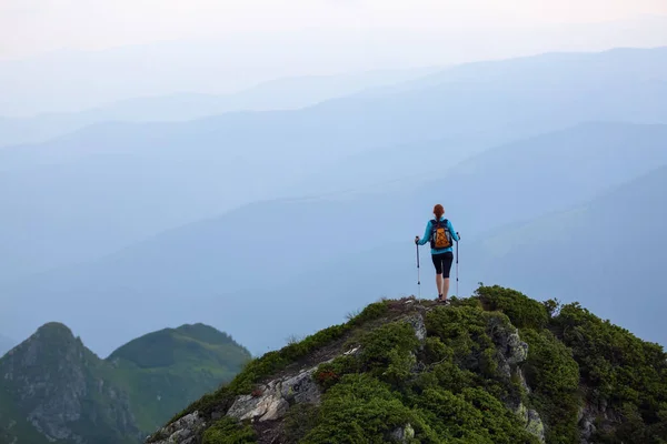 在高山和田野的风景中 草坪上的深渊边缘有一个带着背包和徒步手杖的游客 — 图库照片