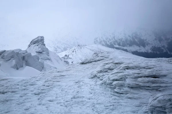在高山上有奇妙的 有趣的 冰冻的结构岩石看起来像神秘的童话人物 全景与雾 高峰在雪 冒险心情在冬天天 — 图库照片