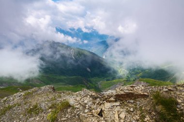 Alp sahne büyük Dağları ile buzullar, sis ve değişik çiçek, yollar ve gökyüzü ile yeşil çimenler ile bir yaz günü kapalı. Konuma yerleştirin Üst Svaneti, Georgia, Avrupa.