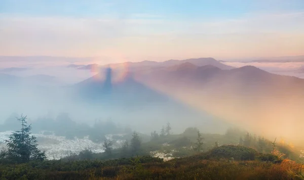 Optinen Illuusio Brocken Spectre Niityllä Korkeimpien Vuorten Joukossa Aamulla Sumu — kuvapankkivalokuva