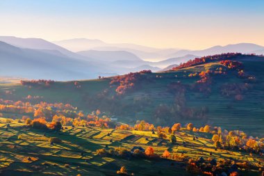 Olağanüstü sonbahar manzara. Haystacks yeşil tarlalarda. Ağaçlar turuncu ve kırmızı yaprakları ile kaplı. Dağ manzaraları. Güzel güneş ışınlarının. Yer yer Ukrayna, Europe.