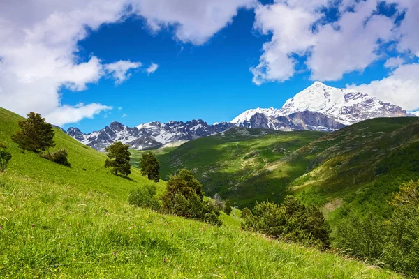 Paisagem Incrível Com Altas Montanhas Rochosas Com Topos Nevados Gramados — Fotografia de Stock