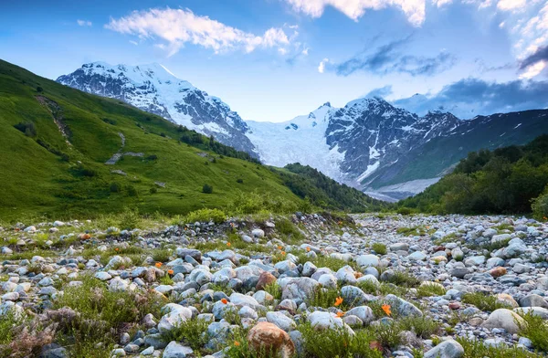 Vanaf Rivier Opent Oever Bedekt Met Stenen Uitzicht Fantastische Gletsjer — Stockfoto