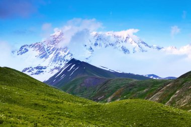 Alp sahne büyük Dağları ile buzullar ve Yeşil çimenler farklı çiçekler, yollar ve gökyüzü ile bir yaz gününde kaplı. Üst Svaneti, Georgia, Europe. 