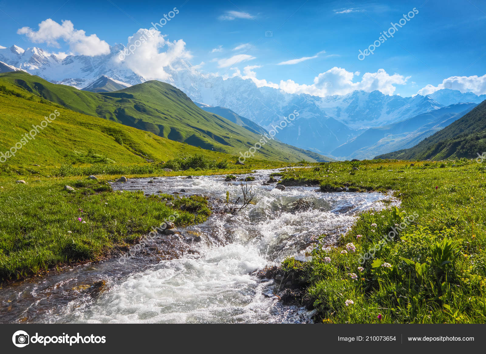 Beautiful Mountain Stream Colorful Stones Shore Stretched Large Mountains  Forests — Stock Photo © Vitalii_Mamchuk #210073654, image size:1600x1167