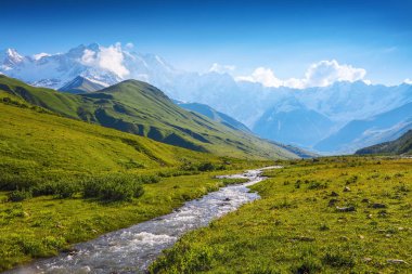 Nehirden shore taşlar ile kaplı, fantastik buzul ve dik kayalık dağlar karla kaplı yeşil çayırlar açılır. Mutlu bir yaşam tarzı. Güzel evren.