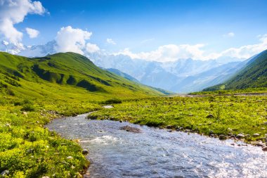 Nehirden shore taşlar ile kaplı, fantastik buzul ve dik kayalık dağlar karla kaplı yeşil çayırlar açılır. Mutlu bir yaşam tarzı. Güzel evren.