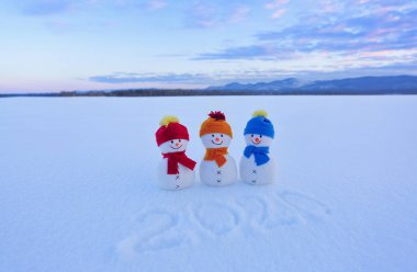 2020 kar üzerinde yazılı. Kardan adam şapka ve bere ile gülümseyen kar ile sahada bekliyoruz. Dağlar ile manzara. Güzel kış günü için mucizeler.