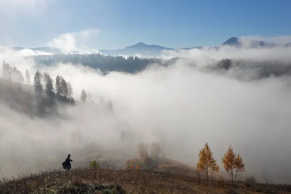 Jesienny Krajobraz Wysokie Góry Kolorowych Drzew Pomarańczowych Mgła Słońca Promienie — Zdjęcie stockowe