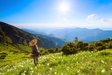 Yüksek dağları manzaraları içinde beyaz nergis ile çim. Overknees çorap, romantik elbise, kız geri çuval ve hasır şapka. İnanılmaz yaz manzara.