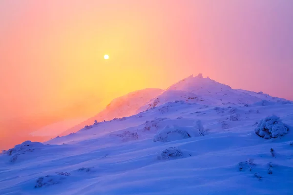 Východ Slunce Osvětluje Nebe Hory Stromy Stojící Závěje Vztahuje Zmrzlého — Stock fotografie