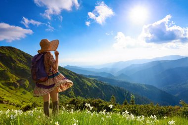 Yüksek dağları manzaraları içinde beyaz nergis ile çim. Overknees çorap, romantik elbise, arka çuval ve hasır şapka kız.