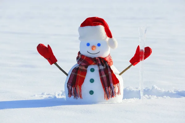 Boneco Neve Sorridente Olhos Azuis Chapéu Vermelho Luvas Cachecol Xadrez — Fotografia de Stock