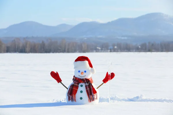 The snowman in plaid scarf, red hat, gloves. Nice landscape with the mountains on the background. Field covered with snow. Cold winter day.