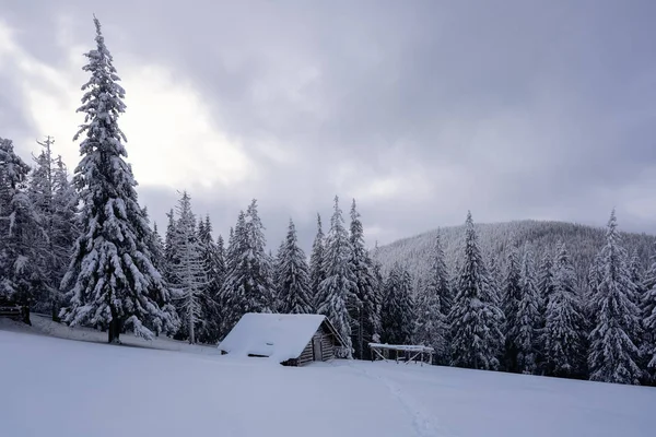 Pintoresco Paisaje Invernal Con Chozas Montañas Nevadas Bosque Paisaje Invierno —  Fotos de Stock