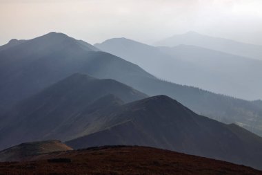 Çayırdan dağların panoramik manzarasını açabilirsiniz. Fantastik bahar manzarası. Turistik tatil Karpat milli parkı, Ukrayna Avrupa. Güneş ışınları kırılıyor..