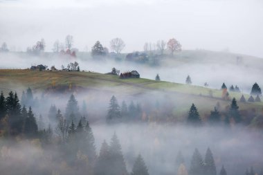Meyve ağaçları, saman yığınları ve evlerle sonbahar manzarası. Kırsal bölgeler, tarlalar, sabah sisinde ormanlar. Dağlarla manzara..