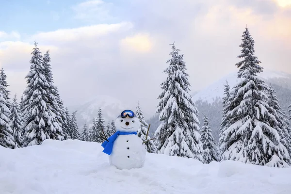 Funny snowman in ski glasses and blue scraf. Winter landscape with trees in the snowdrifts, the lawn covered by snow.