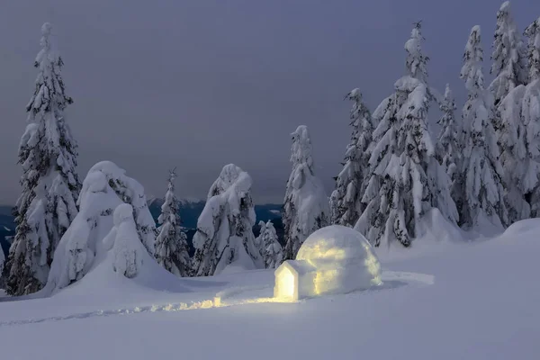 Gece kışı dağ manzaraları. Igloo karlı çimlerin üzerinde duruyor. Işıklı ev. Karpat Dağları, Ukrayna, Avrupa.