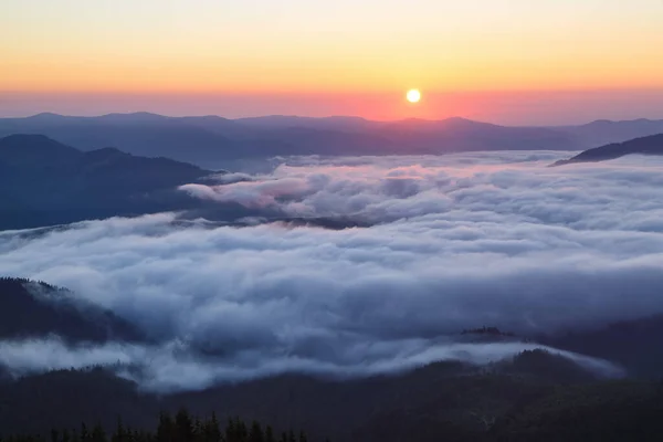 Ранний Утренний Туман Великий Весенний День Красивый Пейзаж Высокими Горами — стоковое фото