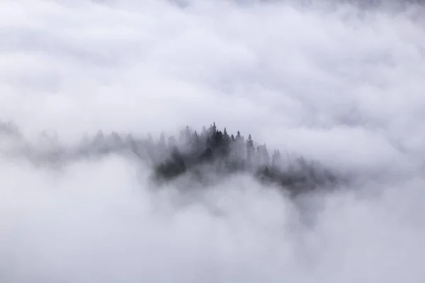 Paysage Incroyable Avec Hautes Montagnes Brouillard Ciel Brume Matinale Majestueux — Photo