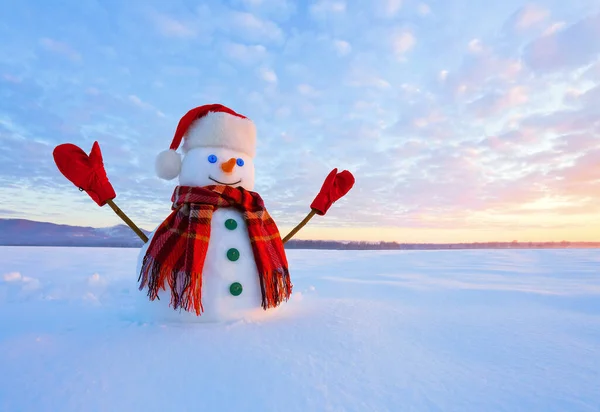 Snowman in santa hat and red scalf on snowy field. Beautiful winter sunset background. Merry christmas and happy new year. Widescreen frame backdrop.