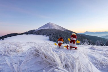 Şapkalı, eldivenli ve atkılı iki küçük kardan adam. Güzel bir kış günü. Çim karla kaplı. Yüksek dağlı manzara. Mutlu Noeller ve mutlu yıllar..