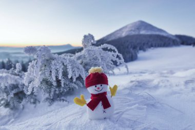Şapkalı kardan adam ve karlı çimlerde kırmızı eşarp. Güzel kış günbatımı arka planı. Mutlu Noeller ve mutlu yıllar. Çalılık stok donuyla kaplı. Yüksek dağlı manzara.
