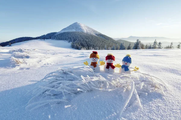Karlı çimlerde şapkalı ve eşarplı küçük kardan adamlar. Güzel kış günbatımı arka planı. Yüksek dağlı manzara. Mutlu Noeller ve mutlu yıllar..