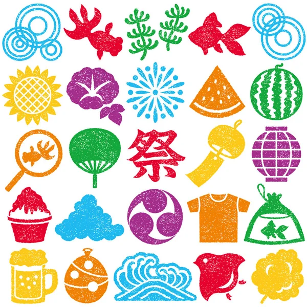 Set Japanese Summer Icons Colorful Stamp Set — Stock Vector