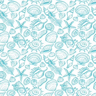 çeşitli deniz kabuklarını seamless modeli. turkuaz mavi arka plan.