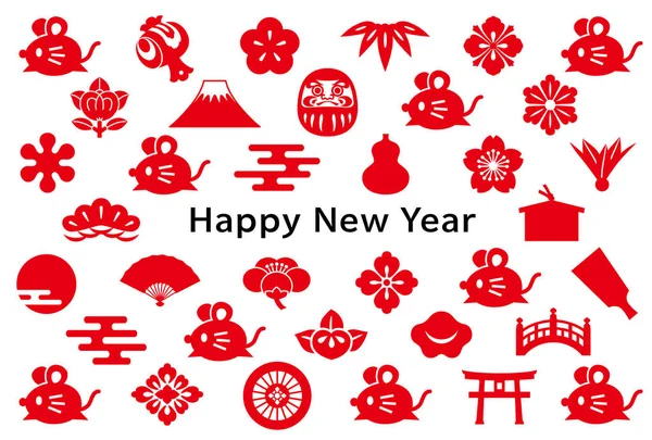 带有鼠标和日语图标的新年贺卡 — 图库矢量图片