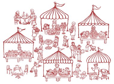 Market gıda ve sebze ile standları.