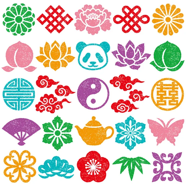 Set Chinese Decorative Icons Stamp Set — Stock Vector