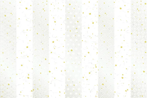 白色条纹窗帘与日本传统设计 金色和银色的叶子 — 图库矢量图片