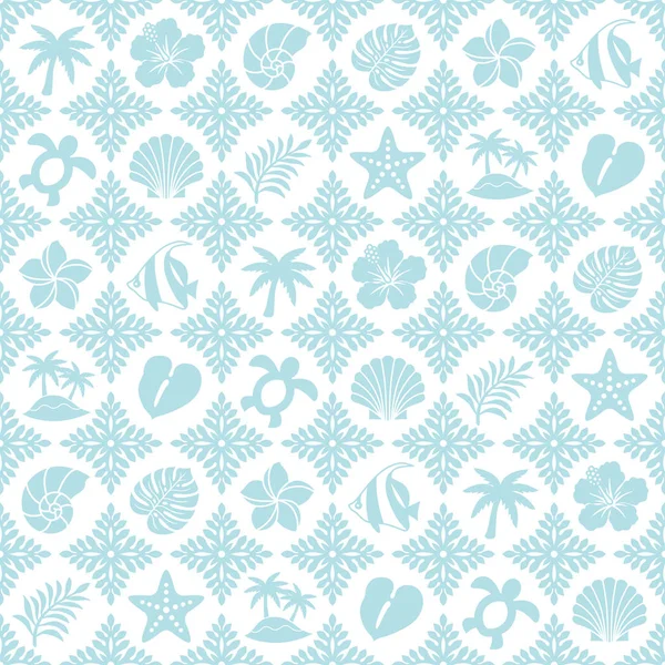 Blauwe Tropische Patroon Met Hawaiian Quilt Zomer Pictogrammen — Stockvector